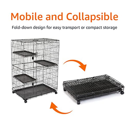 Amazon Basics Large 3-Tier Cat Durable,Pliable Cage Playpen Box Crate Kennel - 35.8"L x 22.4"W x 50.6"H, Black