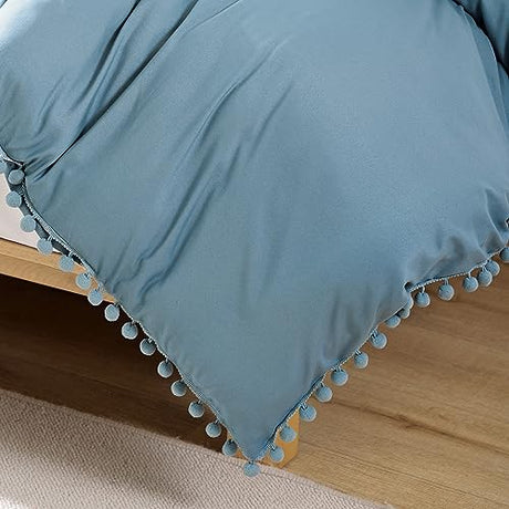 YIRDDEO Queen Comforter Set - Comforter Queen Size Sets with Ball Pom Fringe, Soft Bedding Set for All Seasons - 3 Pieces, 1 Comforter (90"x90") & 2 Pillow Shams (20"x26"), Dusty Blue YIRDDEO