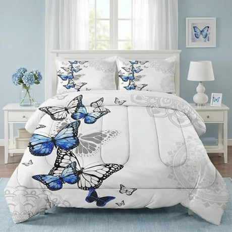 WeCozy Queen Size Comforter Set with 2 Pillowcases, Summer Spring Blue Butterfly 3 Pcs Bedding for Kids and Adults, Abstract Circular Mandala Floral Soft Comforter Set for Bedroom Bed Decor WeCozy