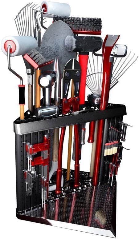 PeerBasics Corner Tool Rack, Garage Storage Organization, Up to 40 Tools like Shovels Brooms Rakes Mops Hammers Pruners, Organize Garden Yard Plus Pegboard, Wall Mounting, Peg Hooks Hardware PeerBasics