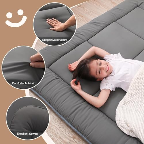 WhatsBedding Japanese Floor Mattress Futon Mattress 3" Grey Tatami Mat Shredded Memory Foam Filled Sleeping Pad, Foldable & Portable Roll Up Lounger Camping Bed for Kids and Adult,Queen Size 60"x 80" WhatsBedding