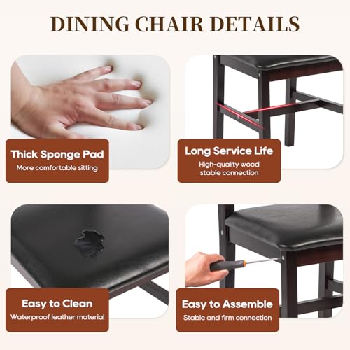 FDW | 5-Piece Solid Wood Dining Table Set for 4 | Brown | Space-Saving Design | Smooth Easy-to-Clean Surface | Pine Kitchen Table with Upholstered Chairs | for Dining Room, Apartment, Restaurant FDW