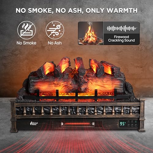 TURBRO Eternal Flame 30 in. WiFi Infrared Quartz Electric Fireplace Log Heater with Sound Crackling, Realistic Pinewood Logs, Adjustable Flame Colors, Remote Control, Thermostat, Timer, 1500W, Bronze TURBRO