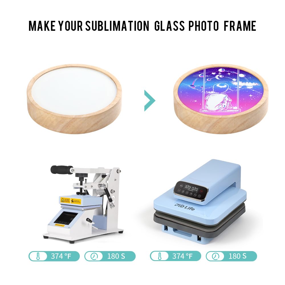 PYD Life 6 Pack Sublimation Night Lights Blanks LED Glass Photo Frames Panels White 3.5" Round with Warm Light,with 3.9" Round Wooden Display Base for Heat Press Machine Printing PYD Life