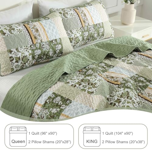WONGS BEDDING Quilt Set Queen Size Green, 3 Pieces Patchwork Plaid Bedspread Coverlet Set, Floral Soft Microfiber Bedding Set for All Season(96"×90“) WONGS BEDDING
