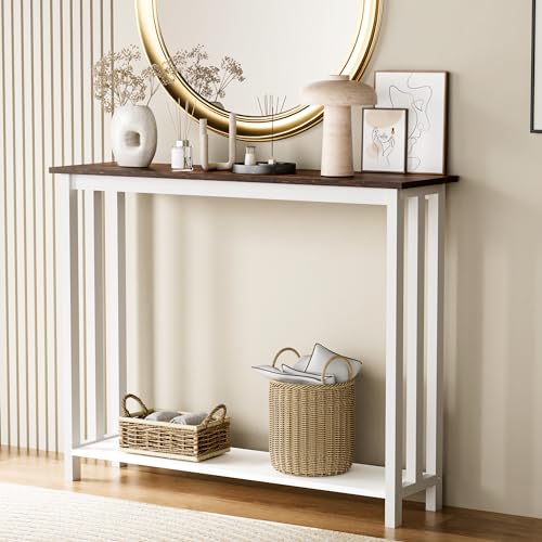 Acovy Farmhouse Solid Wood Console Table, 2 Tier Entryway Table with Storage Shelves, Narrow Sofa Table for Living Room, Hallway, Foyer, Entryway, Rustic White Acovy
