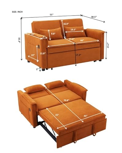 Modern Convertible Sofa Couch Bed, USB Ports, 3 in 1 Velvet Sleeper Sofa Pull Out Bed for Living Room Apartment Small, Widen Armrest Reclining Sofa Futon Adjustable Backrest with 2 Pillows(Orange) Deolme