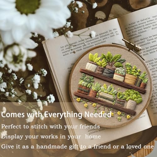 FONNUY Green Plant Embroidery Kit, Petite Potted Plants Patterns, Cross Stitch Kits for Adults and Beginners, Handmade Crafts with Printed Pattern Set, Thread Needlework, 8'' Hoop (Green A01)