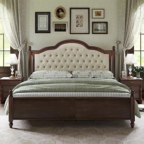 AMERLIFE King Size Solid Wood Bed Frame, Transitional Platform Bed with 52.5" Upholstered Tufted Headboard, Rubberwood/Roman Column Accents/Wood Slat Support/No Box Spring Needed AMERLIFE