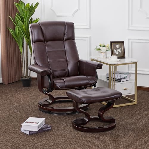 MCombo Manual Swivel Recliner with Ottoman, Chair Ottoman Set for RV Small Spaces, Living Room, Bedroom, Office 9019 4919 (Faux Leather, Dark Brown)