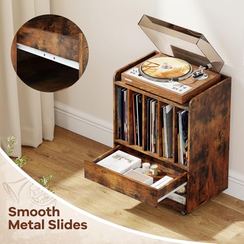 Giantex Record Player Stand, Rolling Turntable Stand with Drawer & Lockable Wheels, Record Player Table Holds Up to 150 Albums, Vinyl Record Storage for Living Room Bedroom, Rustic Brown Giantex