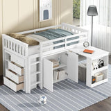 KEIKI Twin Size Low loft Bed with Pull-Out Desk, Rubber Wood Loft Bed with Storage Cabinets & Drawers & Shelves, Low Twin Bed for Kids, White KEIKI
