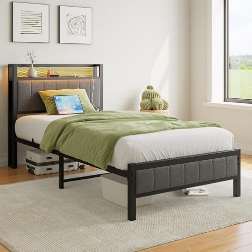 Twin Bed Frame with Charging Station and LED Lights,Upholstered Headboard with Storage Shelves,Metal Single Platform Bed Frame Twin Size with Strong Metal Slats Support No Box Spring Needed,Noise Free BOFENG