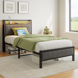 Twin Bed Frame with Charging Station and LED Lights,Upholstered Headboard with Storage Shelves,Metal Single Platform Bed Frame Twin Size with Strong Metal Slats Support No Box Spring Needed,Noise Free BOFENG