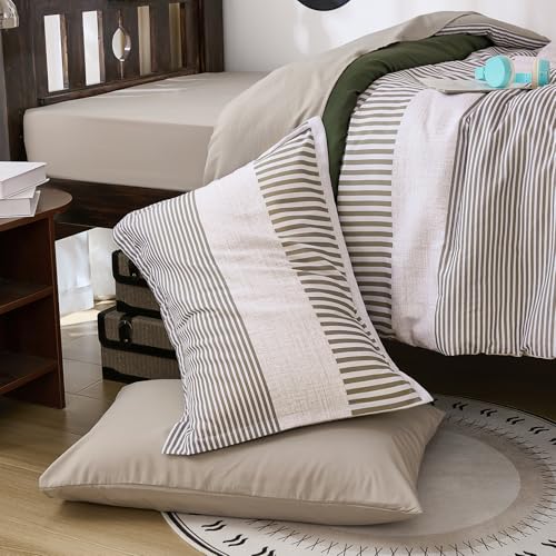 Twin Size Comforter Olive Green Striped Comforters for Boys&Girls,5 Pieces Bed in A Bag Simple Neutral-Style Bedding Sets for Kids Teen Cottolester