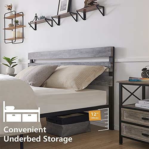 King Size Metal Bed Frame with Wood Headboard & Footboard – No Box Spring Needed, Easy Assembly in Grey Augensternchen