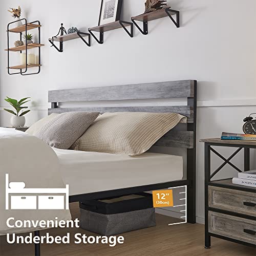 King Size Metal Bed Frame with Wood Headboard & Footboard – No Box Spring Needed, Easy Assembly in Grey - WoodArtSupply