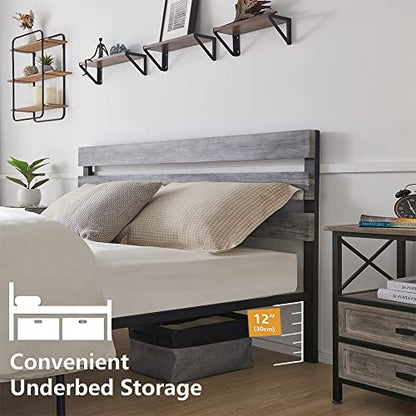 King Size Metal Bed Frame with Wood Headboard & Footboard – No Box Spring Needed, Easy Assembly in Grey - WoodArtSupply