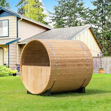 WOODBRIDGE 2-Person Luxury Finland Thermo Pine Outdoor Barrel Sauna with Half View Window,Harvia Electric Heater with Sauna Stone, Sauna Accessories Kit and Asphalt Shingle Roof, 4'x6', OBS1812 WOODBRIDGE