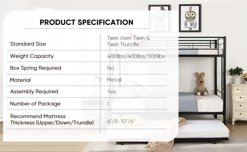 HomJoones Twin Over Twin Metal Bunk Bed with Trundle Heavy Duty Twin Size Metal Bunk Beds Frame with 2 Side Ladders Convertible Bunkbed with Safety Guard Rails,No Box Spring Needed (Black) HomJoones