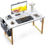 ODK Study Computer Desk 40 inch Home Office Writing Small Desk, Modern Simple Style PC Table with Storage Bag and Headphone Hook, White Marble + Gold Leg ODK
