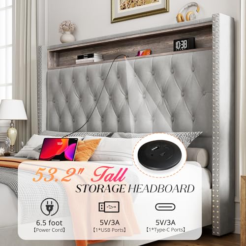 Jocisland Gray Velvet Queen Bed Frame with LED Lights & Charging Station Jocisland