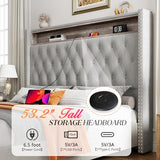 Jocisland Gray Velvet Queen Bed Frame with LED Lights & Charging Station Jocisland