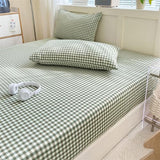 LifeTB Green Gingham Fitted Sheet King 1 Piece Plaid Bedding Sheet Soft 100% Washed Cotton Grid Single Bottom Sheet Green Gingham Bed Sheet Cotton Mattress Cover 15" Deep Pocket Farmhouse Grid Sheet LifeTB