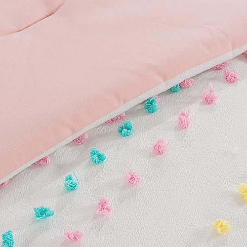 HOMBYS Tufted Pom Poms Bedding Comforter Set for Girls, 3 Piece White Boho Jacquard Kids Comforter Set for All Season，Twin/Twin XL Size HOMBYS