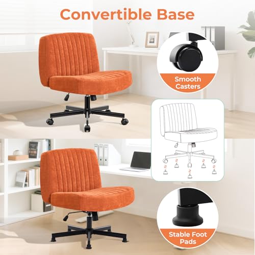 shipborne Convertible Base Criss Cross Chair with Pocket Springs & Thicker and Wider Cushions, Armless Legged Office Chair Relieves Back Pain, Swivel Vanity Chair for Living Room/Office, Orange shipborne