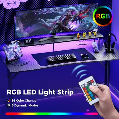 COMHOMA 55 Inch Gaming Desk with USB Charging Ports and LED Lights, Computer Desk with Monitor Stand for Home Office, Modern Gamer Desk Table with Mouse Pad & Side Hook, Colorful COMHOMA
