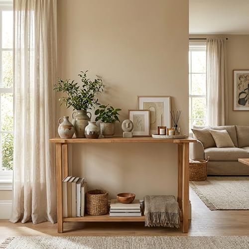 GOFLAME Solid Wood Entryway Table, 47” Console Table with Storage Shelf, Curved Tabletop, Teak Wood, Farmhouse, 2-Tier Rustic Behind Couch Sofa Tables Narrow Long for Living Room, Hallway, Natural GOFLAME