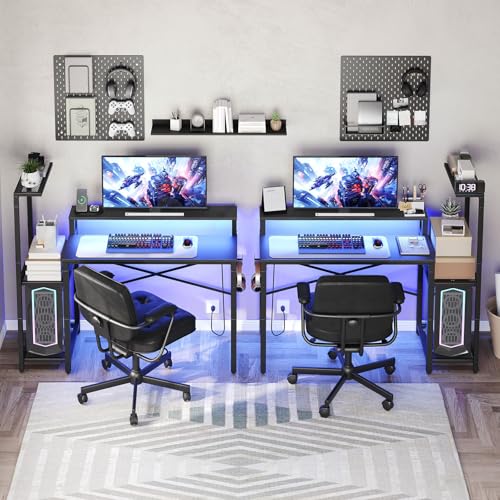 YATINEY Computer Desk with LED Light and Power Outlet, Small Gaming Desk with Monitor Stand, Reversible Game Table with 2 Side Hooks, Home Office Desk for Living Room, Bedroom, Black DN06UDBB YATINEY