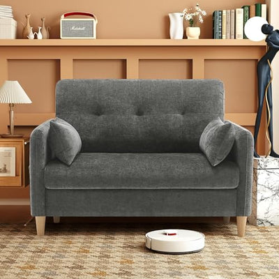 Urhanherry 47" Small Sofa Couch for Bedroom, Soft Chenille loveseat Mini Couch with Throw Pillow and Removable Cushion Cover for Small Spaces, Living Room, Apartment, Dorm, Office(Dark Grey)
