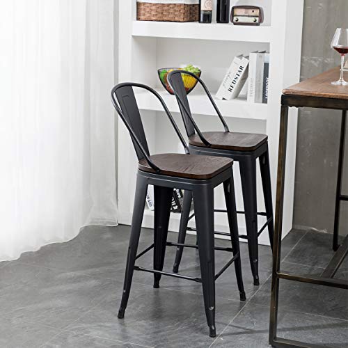 Aklaus Metal Bar Stools Set of 4,24 inch Barstools Counter Height Bar Stools with Backs Farmhouse Bar Stools with Larger seat High Back Kitchen Dining Chairs Modern Bar Chairs Matte Black Stool Aklaus