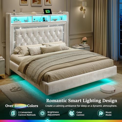 Homkdom Floating Bed Frame Queen with LED Lights & Charging Station, Upholstered Queen Bed Frame with Tall Velvet Storage Headboard, Heavy Duty Metal Slats/No Box Spring Needed/No Noise, Modern,Beige Homkdom