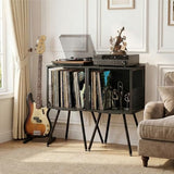 Faesun Record Player Stand with Storage Holds 100+ Vinyl Records, Industrial Turntable Stand with Storage Shelf, LP Album Organizer Cabinet for Small Spaces, Black End Table Faesun