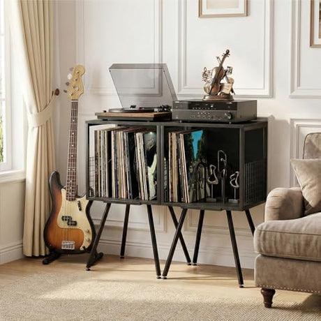Faesun Record Player Stand with Storage Holds 100+ Vinyl Records, Industrial Turntable Stand with Storage Shelf, LP Album Organizer Cabinet for Small Spaces, Black End Table Faesun