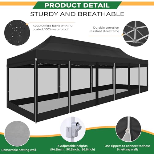 COBIZI 10x30 Heavy Duty Pop Up Canopy with 8 Sidewalls, Commercial Gazebo Party Tent with Mosquito Netting Wall Easy Set Up Outdoor Instant Screen Tent for Backyard, Patio, Garden, Black COBIZI