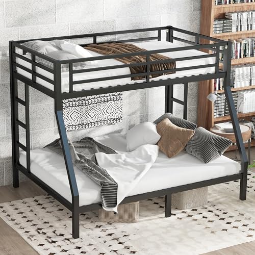 Bellemave Metal Twin Over Full Bunk Bed for Adults/Kids,Heavy Duty Adults Bunk Beds with Guardrail & Ladders,Twin Over Full Size Bunk Beds for Teens,White Bellemave
