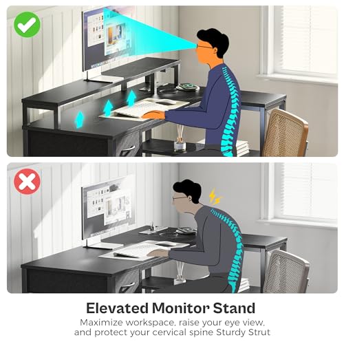 SUPERJARE 47 inch Reversible L Shaped Desk with LED Lights & Power Outlets, Computer Desk with Shelves & Monitor Stand, Gaming Desk with Drawer, Home Office Desk Corner Desk, Black SUPERJARE