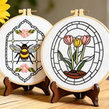 Armindou Flowers Bee Embroidery Kits for Beginners Adults, Floral Hand Embroidery Set Needlepoint DIY Kits, Stamped Cross Stitch Kits for Beginners Adults, 2 Embroidery Hoops (Attached Video Tutorial)