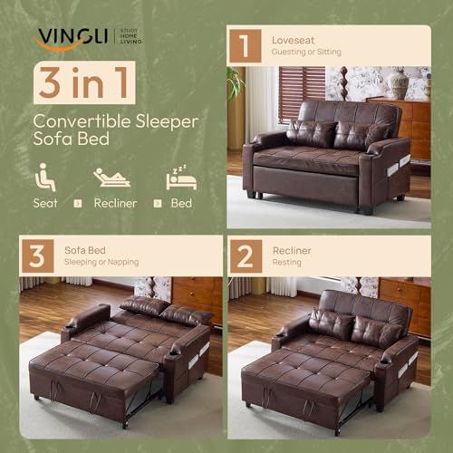 VINGLI Rustic Futon Sofa Bed Convertible Loveseat Sleeper Sofa Couch, Pullout Sofa Fold Out Couch Bed with USB Ports, Cup Holders, Armrest for Living Room, Bedroom Apartment Room VINGLI