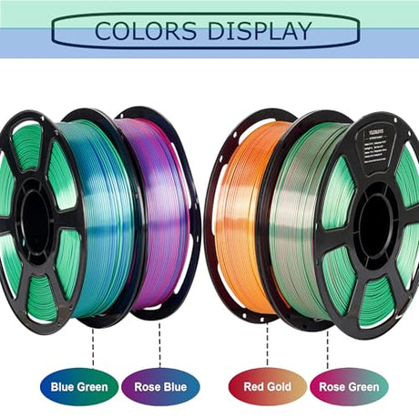 YSJOMJHYS Silk Dual Color Filament Bundle 4KG, Shiny 3D Printer Filament 1.75mm Bulk, Dimensional Accuracy +/- 0.02mm, Individually Vacuum Packed, Bicolor PLA Filament Pack, 4 Spools 1KG Each YSJOMJHYS