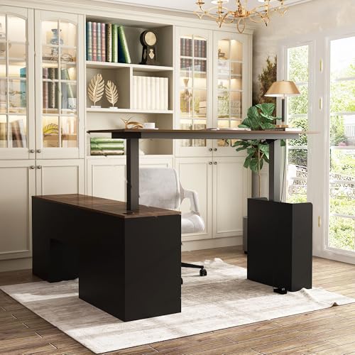 Homsee Home Office L Shaped Electric Standing Desk with Drawers and Shelves, Height Adjustable Stand up Desk, 63" Computer Executive Corner Table, Walnut & Black Homsee