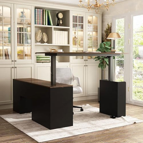 Homsee Home Office L Shaped Electric Standing Desk with Drawers and Shelves, Height Adjustable Stand up Desk, 63" Computer Executive Corner Table, Walnut & Black Homsee