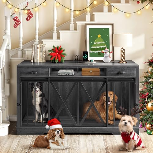 DWVO 63 Inch Double Dog Crate Furniture for 2 Dogs, Heavy Duty Wooden Dog Crate TV Stand with Charging Station, Dog Kennel Indoor Furniture Double Sliding Barn Door Design Ideal for 2 Dogs, Oak DWVO