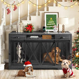 DWVO 63 Inch Double Dog Crate Furniture for 2 Dogs, Heavy Duty Wooden Dog Crate TV Stand with Charging Station, Dog Kennel Indoor Furniture Double Sliding Barn Door Design Ideal for 2 Dogs, Oak DWVO