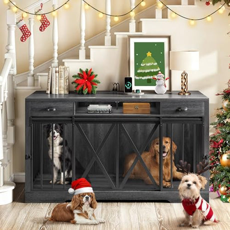 DWVO 63 Inch Double Dog Crate Furniture for 2 Dogs, Heavy Duty Wooden Dog Crate TV Stand with Charging Station, Dog Kennel Indoor Furniture Double Sliding Barn Door Design Ideal for 2 Dogs, Oak DWVO