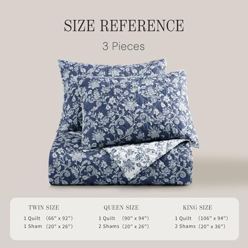 BLOOMHAVEN Quilt Set Queen Size, Oxford Blue Floral Quilt Sets, Reversible Bedspread Lightweight and Breathable for All Seasons, Soft Quilted Bedspread with 2 Pillow Shams BLOOMHAVEN